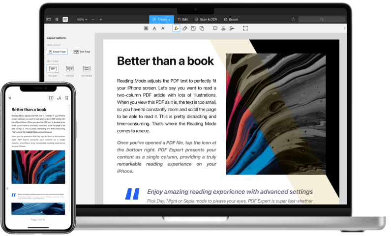 PDF Expert reading mode for boardroom presentation — full screen day, night, sepia themes